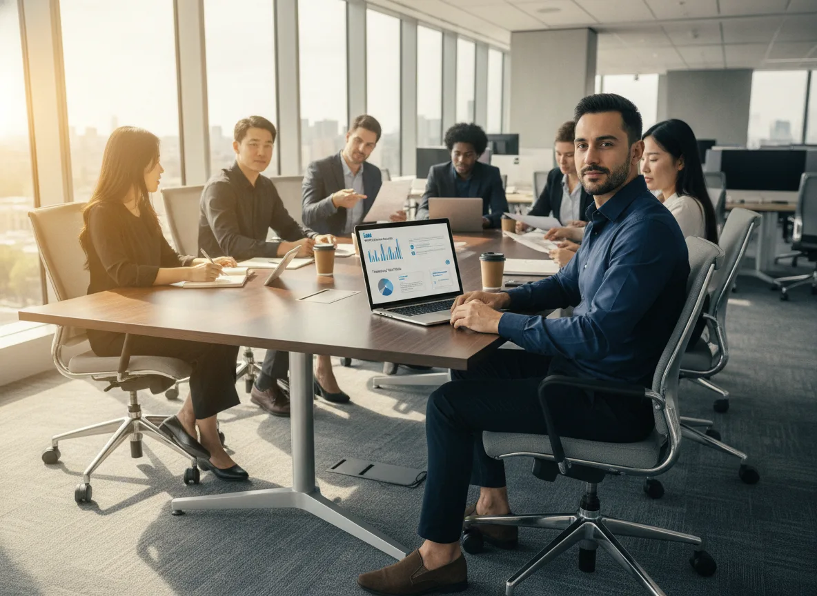 Pessoas em reunião de negócios com laptop exibindo gráficos | Imagine Company - Agência de Marketing e Vendas em Goiânia - GO - BRASIL