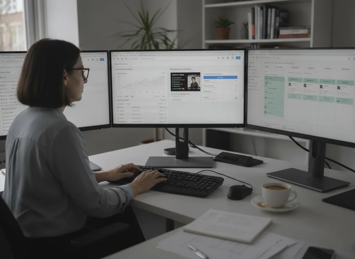 Mulher trabalhando em três monitores com gráficos de tráfego pago B2B. | Imagine Company - Agência de Marketing e Vendas em Goiânia - GO - BRASIL