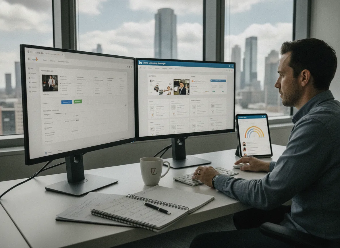Homem trabalhando em dois monitores com dados de tráfego pago B2B | Imagine Company - Agência de Marketing e Vendas em Goiânia - GO - BRASIL