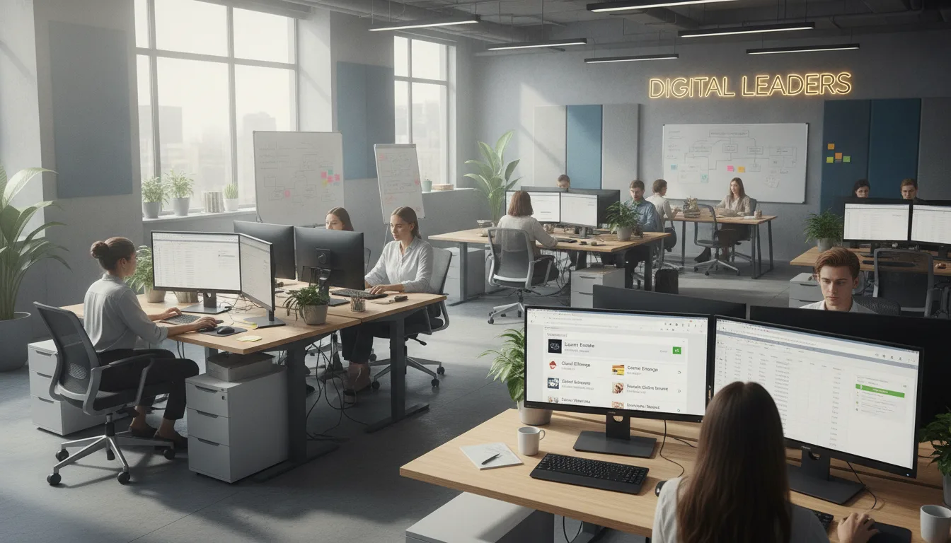 Equipe de marketing digital trabalhando em um escritório moderno com computadores e quadros brancos | Imagine Company - Agência de Marketing e Vendas em Goiânia - GO - BRASIL