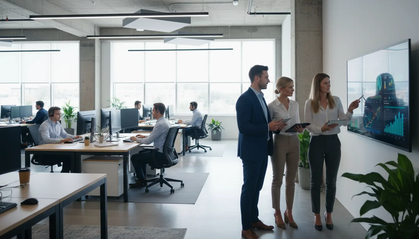 Grupo de pessoas analisando gráficos de vendas em tela digital no escritório | Imagine Company - Agência de Marketing e Vendas em Goiânia - GO - BRASIL