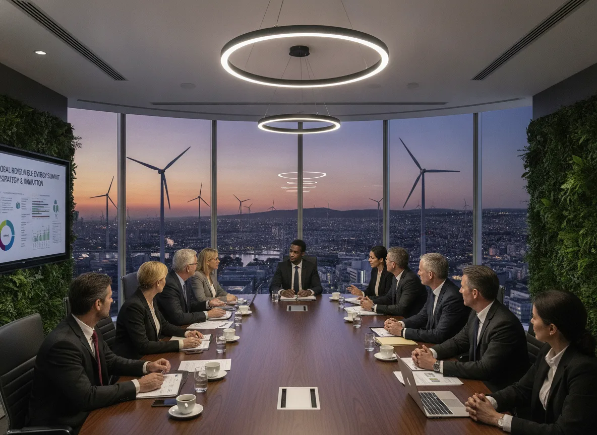 Mesa de reunião com executivos discutindo transição energética, vista para turbinas eólicas ao fundo | Imagine Company - Agência de Marketing e Vendas em Goiânia - GO - BRASIL