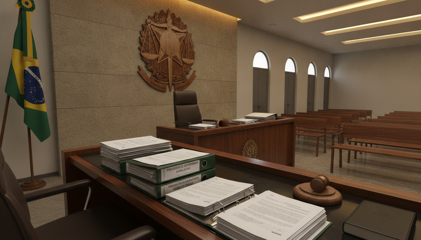 Interior de tribunal com bandeira do Brasil e documentos sobre a mesa. | Imagine Company - Agência de Marketing e Vendas em Goiânia - GO - BRASIL