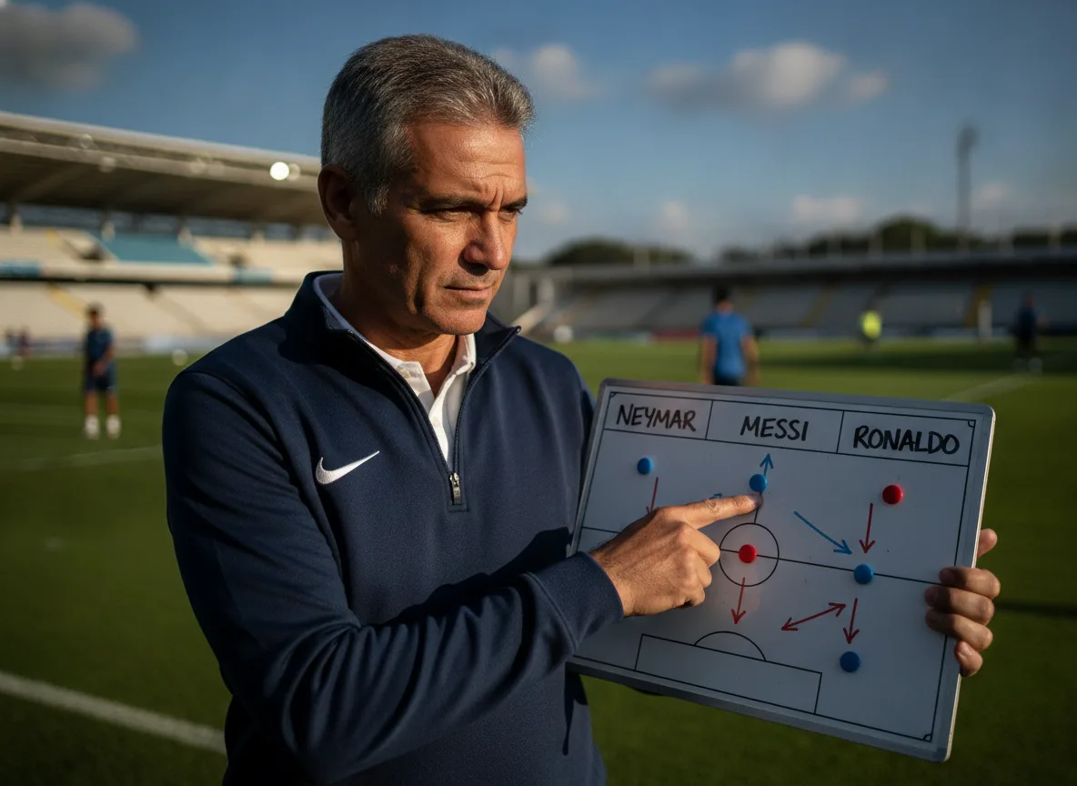 Treinador aponta para quadro tático com nomes Neymar, Messi e Ronaldo | Imagine Company - Agência de Marketing e Vendas em Goiânia - GO - BRASIL