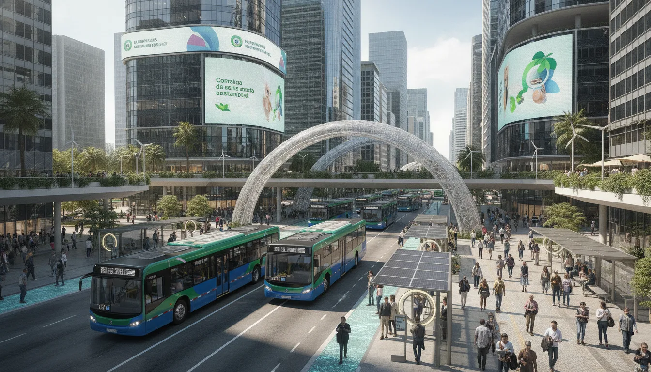 Ônibus ecológicos em avenida de cidade inteligente com pedestres e arranha-céus | Imagine Company - Agência de Marketing e Vendas em Goiânia - GO - BRASIL