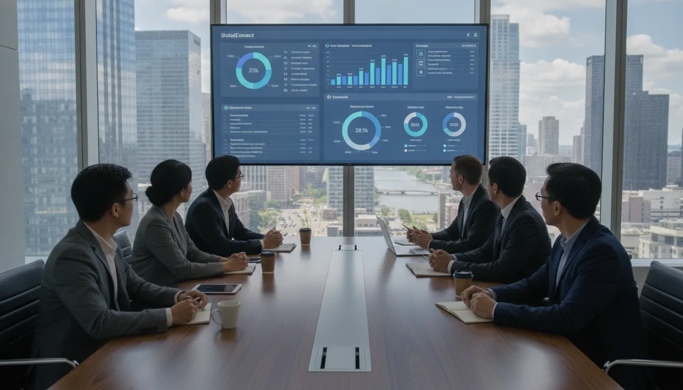 Grupo de pessoas em reunião de negócios com gráficos de dados em tela | Imagine Company - Agência de Marketing e Vendas em Goiânia - GO - BRASIL