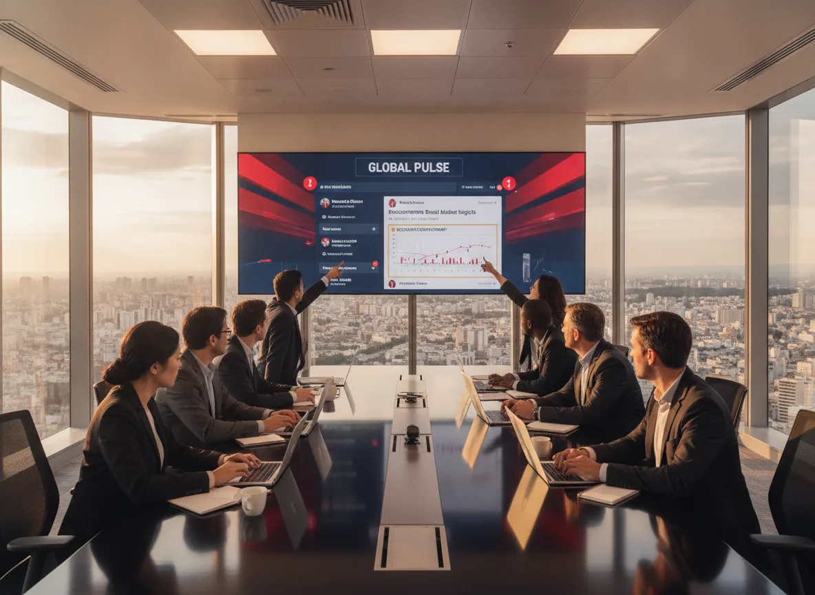 Executivos em reunião analisando gráficos em tela grande em sala de conferência | Imagine Company - Agência de Marketing e Vendas em Goiânia - GO - BRASIL