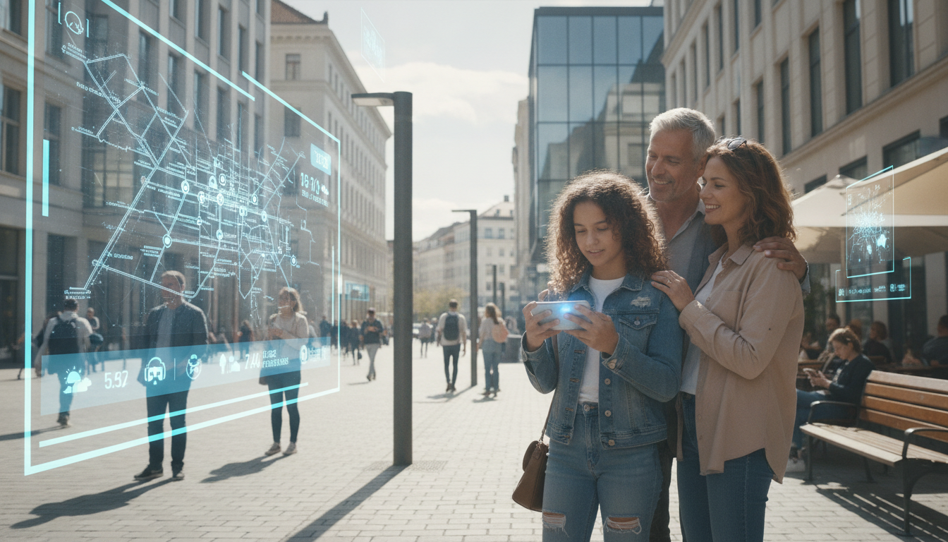 Jovem com smartphone e holograma digital em rua europeia | Imagine Company - Agência de Marketing e Vendas em Goiânia - GO - BRASIL