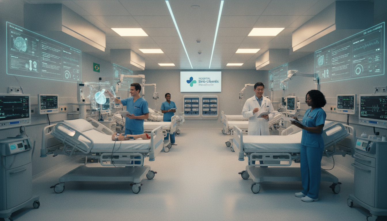 Profissionais de saúde em UTI moderna com telas digitais e integração de dados | Imagine Company - Agência de Marketing e Vendas em Goiânia - GO - BRASIL