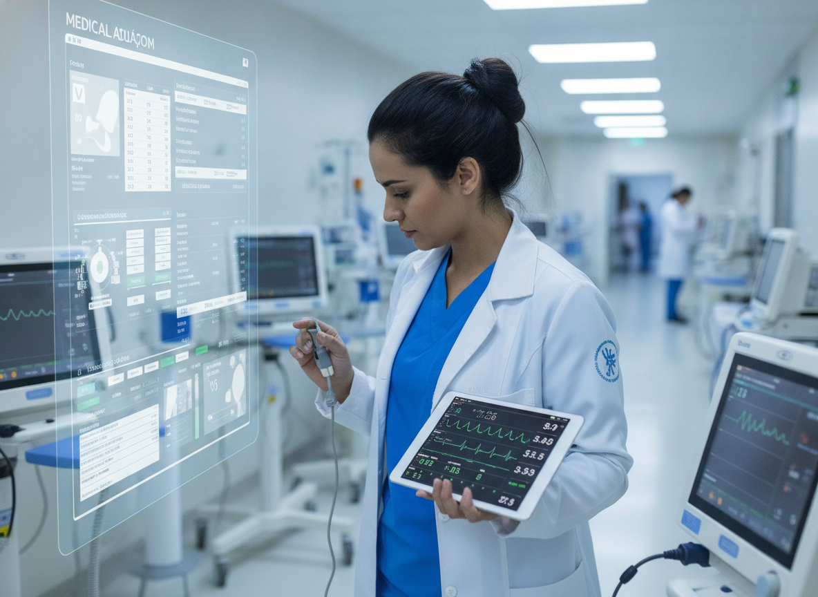 Profissional de saúde com tablet e tela digital em UTI inteligente | Imagine Company - Agência de Marketing e Vendas em Goiânia - GO - BRASIL