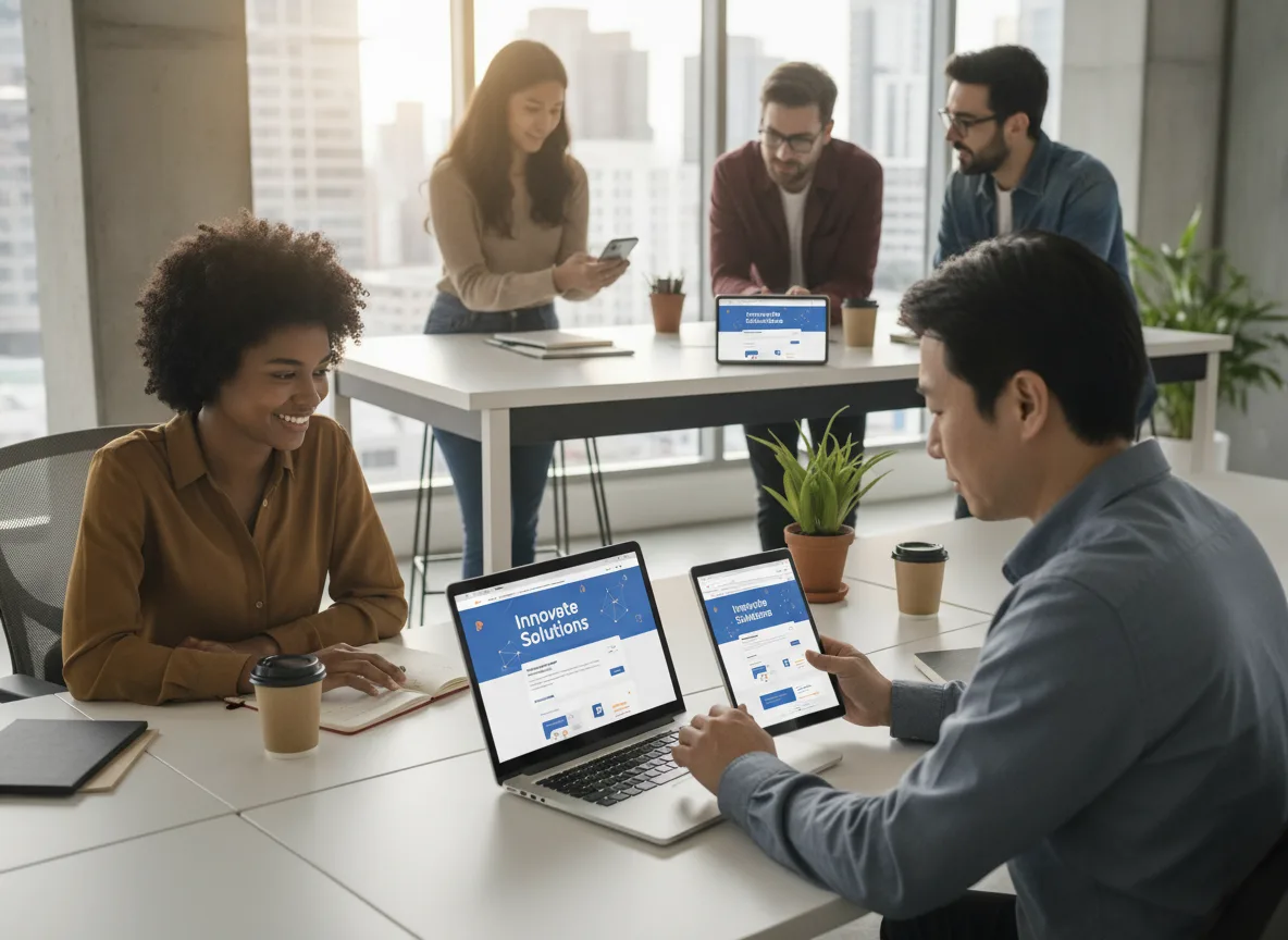 Profissionais discutindo design de site em escritório moderno | Imagine Company - Agência de Marketing e Vendas em Goiânia - GO - BRASIL