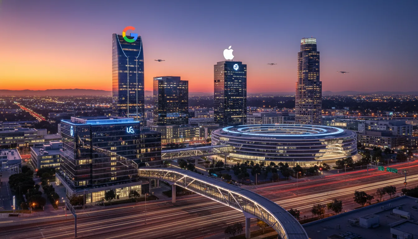 Vista aérea do Vale do Silício ao entardecer com prédios de tecnologia | Imagine Company - Agência de Marketing e Vendas em Goiânia - GO - BRASIL