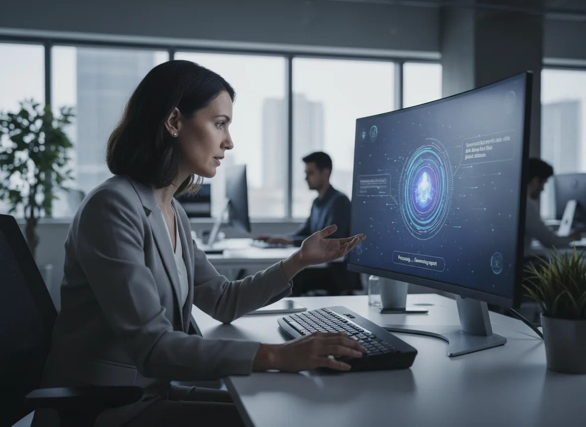 Mulher em escritório usando IA em computador no Vale do Silício | Imagine Company - Agência de Marketing e Vendas em Goiânia - GO - BRASIL