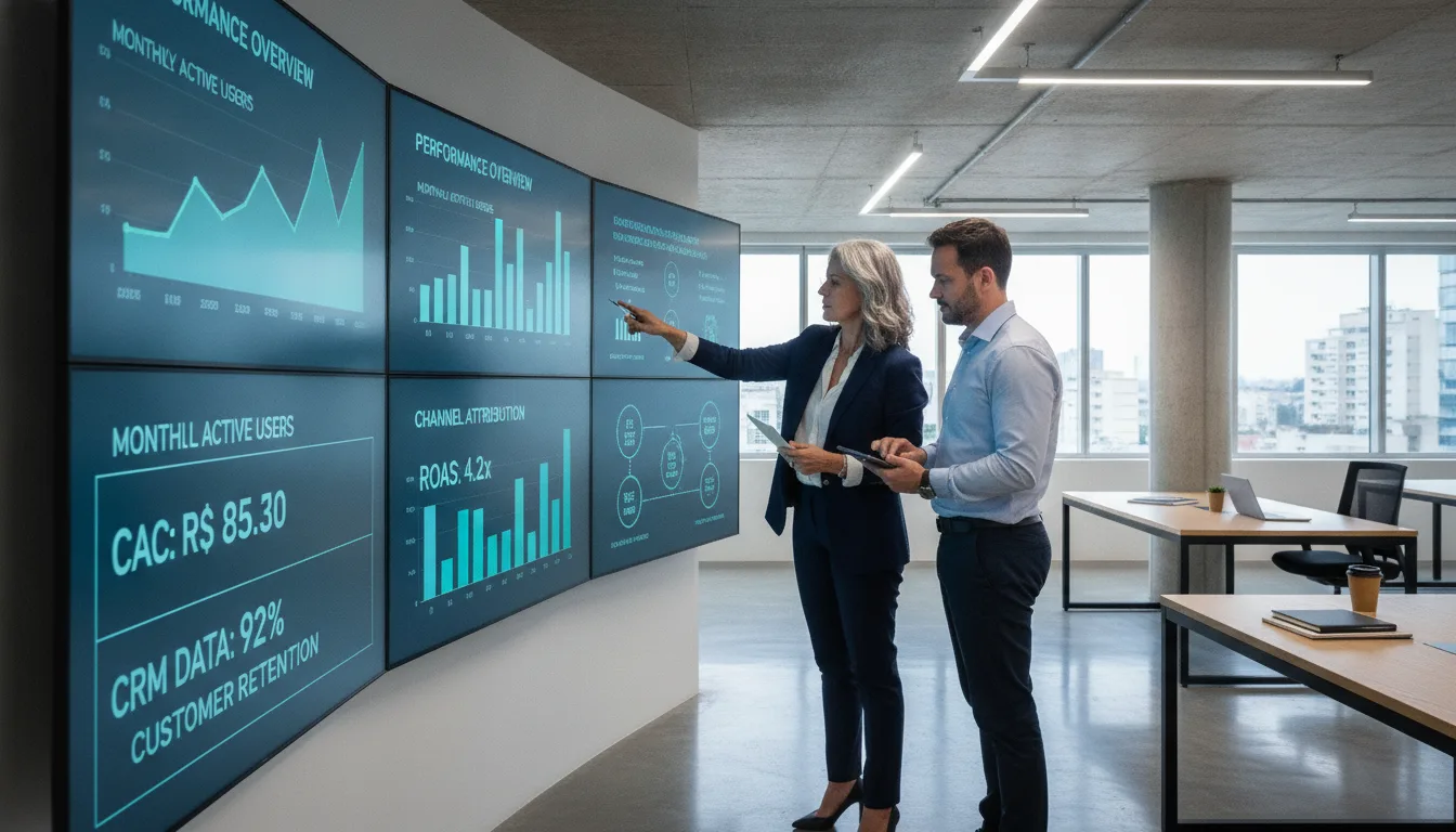 Duas pessoas analisam gráficos de desempenho em telas digitais em um escritório moderno. | Imagine Company - Agência de Marketing e Vendas em Goiânia - GO - BRASIL
