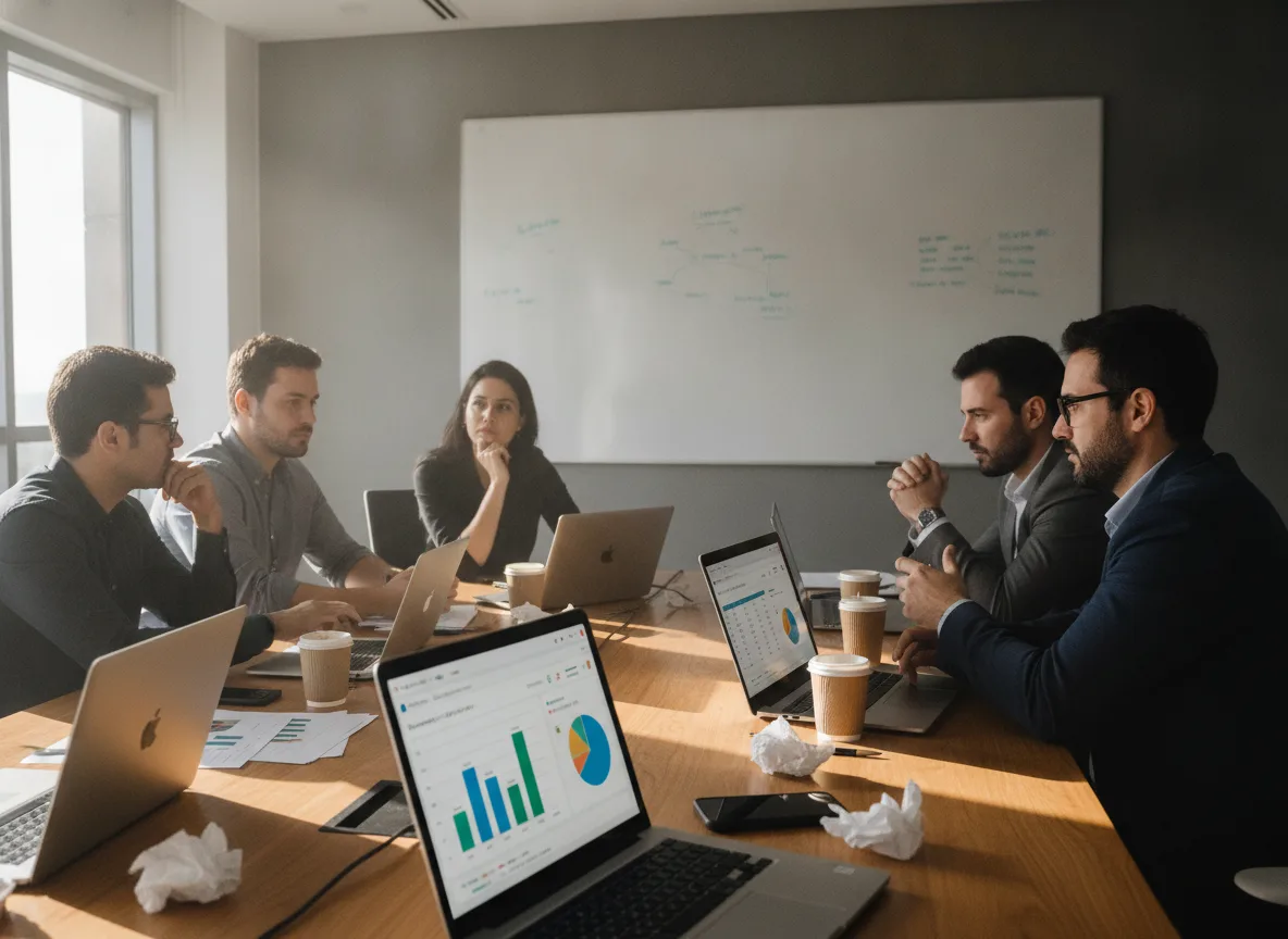 Grupo de pessoas em reunião analisando gráficos em laptops | Imagine Company - Agência de Marketing e Vendas em Goiânia - GO - BRASIL