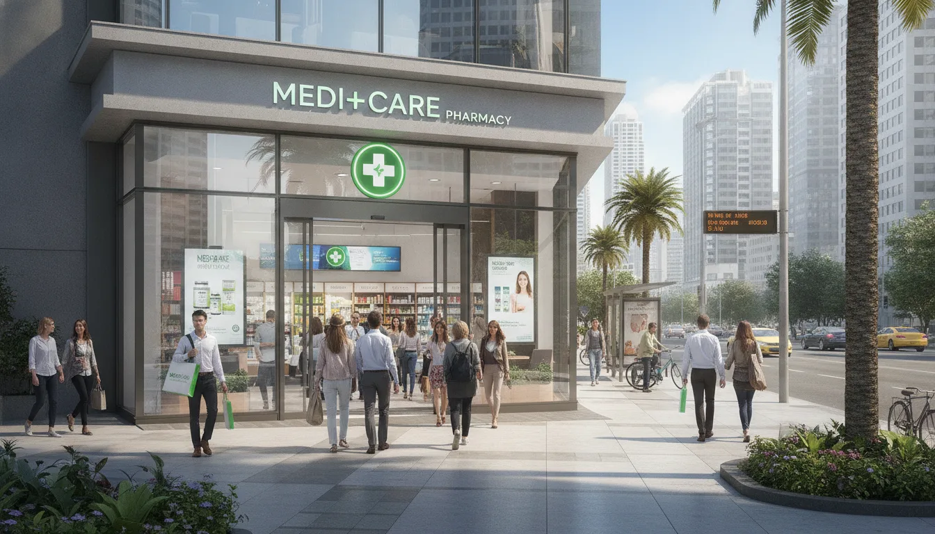Entrada de farmácia moderna com pessoas em frente, representando o crescimento do varejo farmacêutico | Imagine Company - Agência de Marketing e Vendas em Goiânia - GO - BRASIL