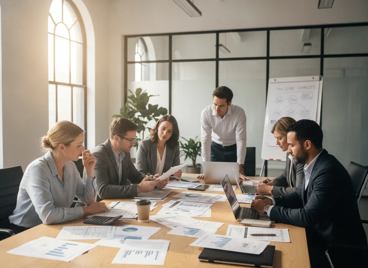 Grupo de pessoas em reunião analisando documentos sobre reforma tributária | Imagine Company - Agência de Marketing e Vendas em Goiânia - GO - BRASIL