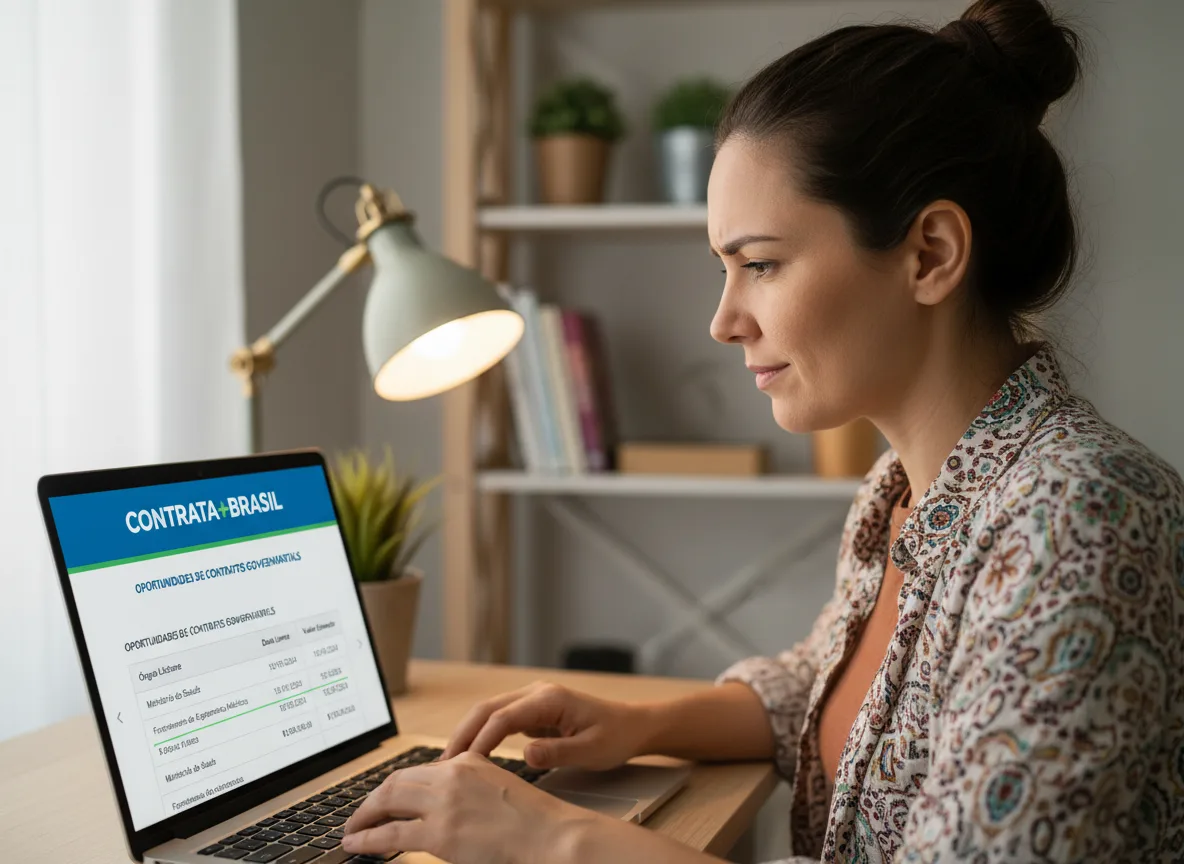 Mulher acessando site Contrata+Brasil em laptop, mostrando serviços disponíveis | Imagine Company - Agência de Marketing e Vendas em Goiânia - GO - BRASIL