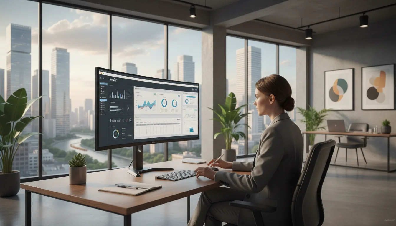 Mulher em escritório moderno usando computador para calcular receita de ações | Imagine Company - Agência de Marketing e Vendas em Goiânia - GO - BRASIL