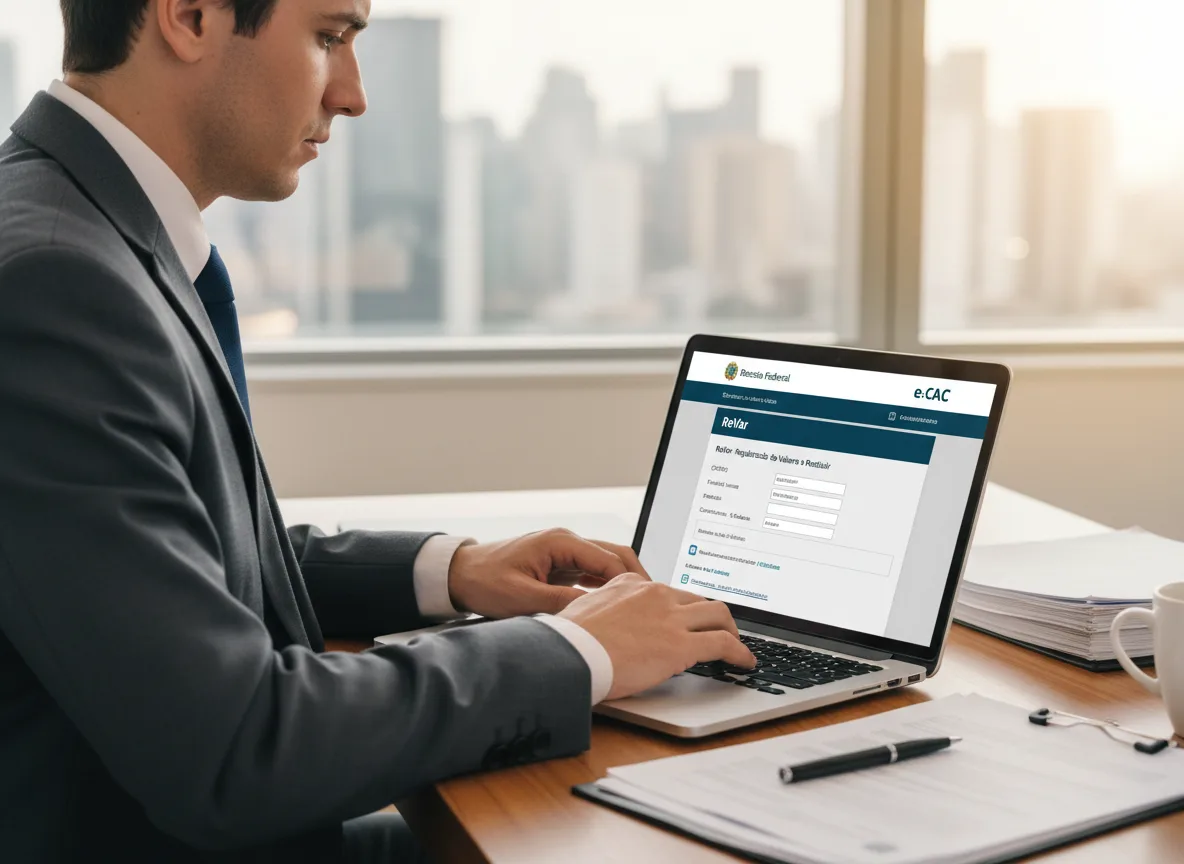 Homem de terno usando laptop para acessar calculadora de declaração de ações. | Imagine Company - Agência de Marketing e Vendas em Goiânia - GO - BRASIL