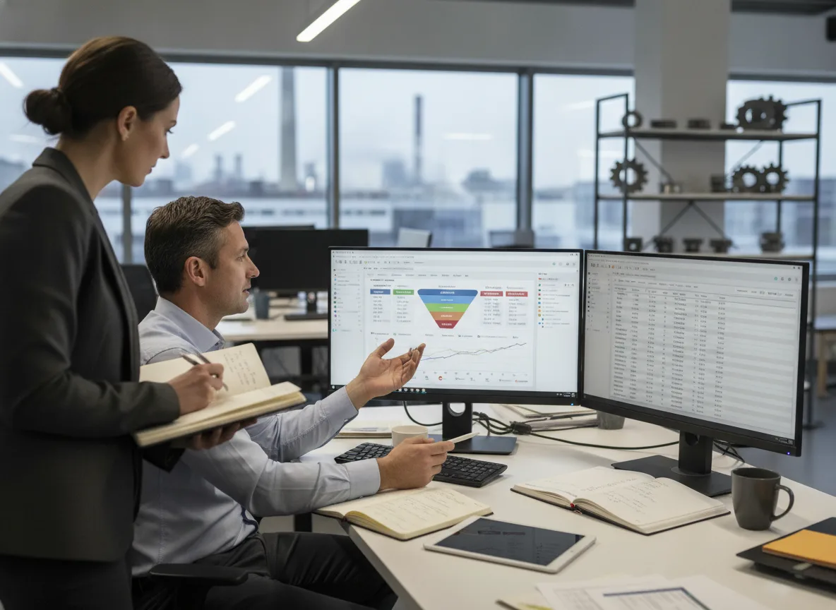 Duas pessoas discutindo gráficos de vendas em monitores de computador em um escritório | Imagine Company - Agência de Marketing e Vendas em Goiânia - GO - BRASIL
