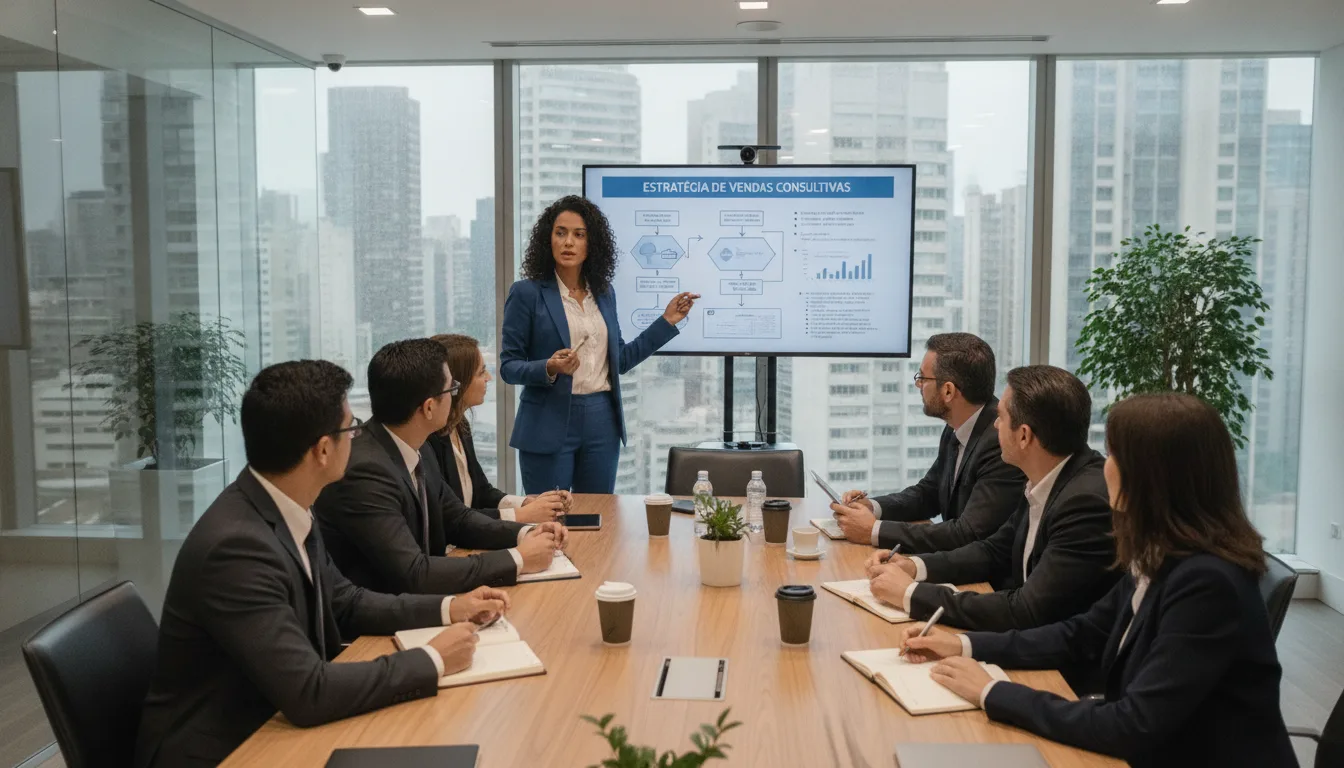 Profissional apresentando estratégia de vendas consultivas B2B em sala de reunião | Imagine Company - Agência de Marketing e Vendas em Goiânia - GO - BRASIL