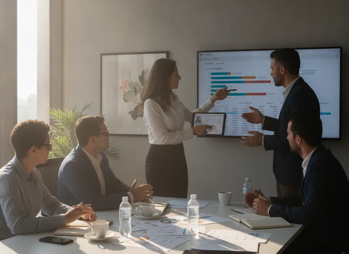 Equipe analisando gráficos de vendas consultivas no agronegócio em reunião | Imagine Company - Agência de Marketing e Vendas em Goiânia - GO - BRASIL