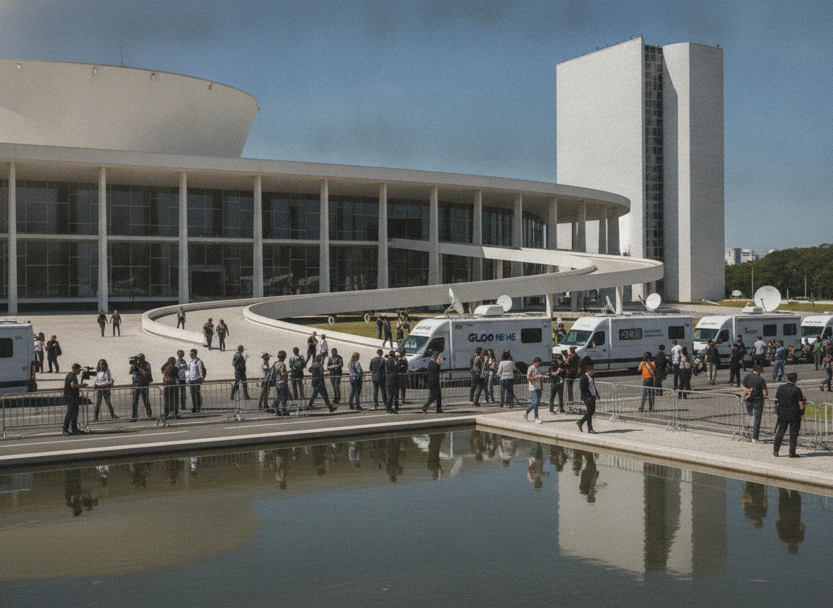 Edifício do Congresso Nacional em Brasília com jornalistas e vans de imprensa. | Imagine Company - Agência de Marketing e Vendas em Goiânia - GO - BRASIL