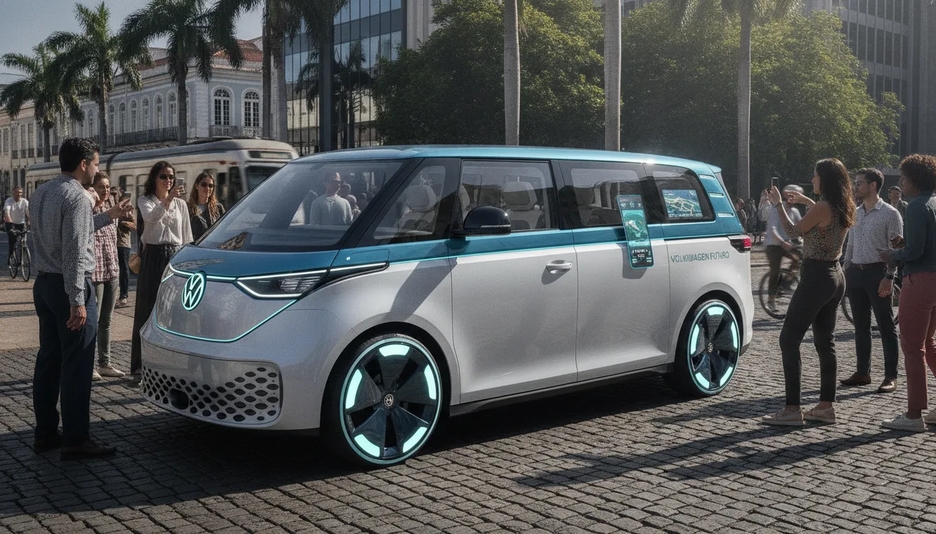 Volkswagen Kombi elétrica moderna em exposição urbana com pessoas ao redor | Imagine Company - Agência de Marketing e Vendas em Goiânia - GO - BRASIL