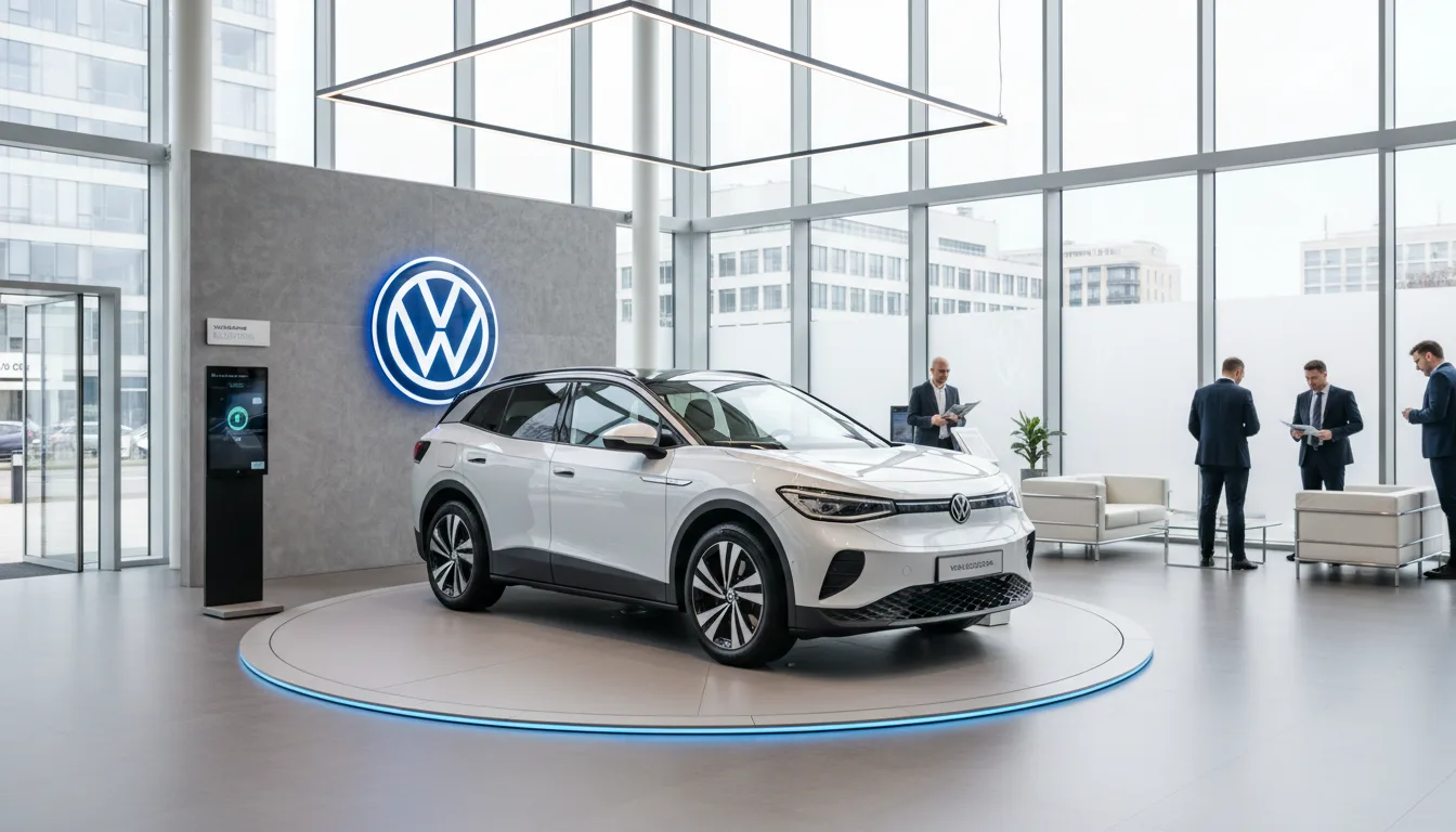 Carro elétrico Volkswagen em showroom com logotipo ao fundo | Imagine Company - Agência de Marketing e Vendas em Goiânia - GO - BRASIL