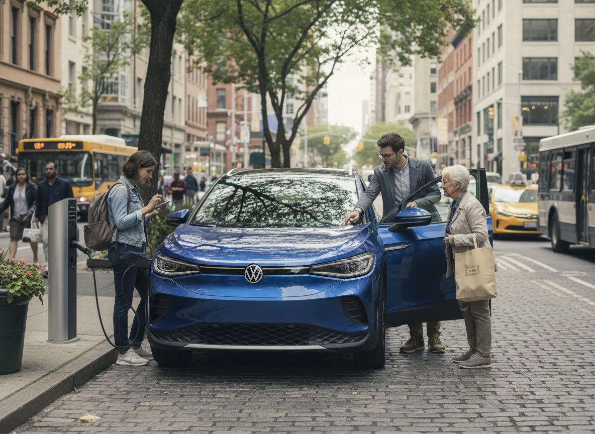 Carro elétrico Volkswagen azul em rua movimentada com pessoas ao redor. | Imagine Company - Agência de Marketing e Vendas em Goiânia - GO - BRASIL