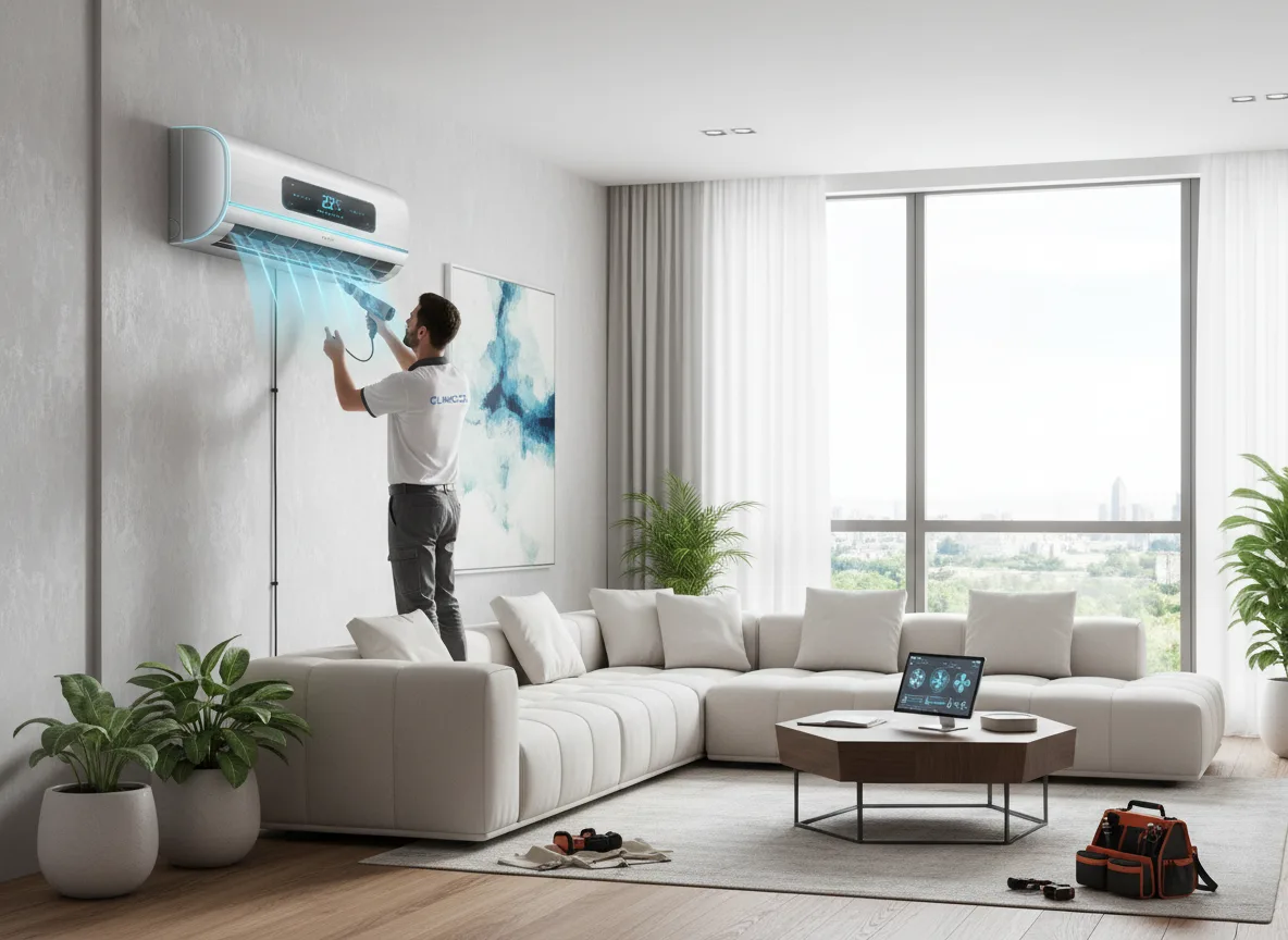 Técnico instala ar-condicionado moderno em sala de estar | Imagine Company - Agência de Marketing e Vendas em Goiânia - GO - BRASIL