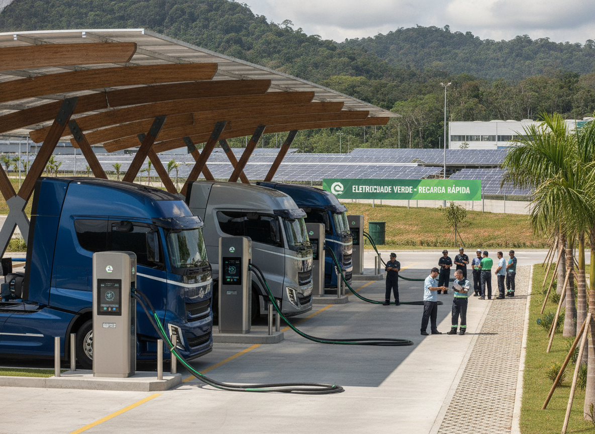 Caminhões elétricos XCMG em estação de recarga no Brasil | Imagine Company - Agência de Marketing e Vendas em Goiânia - GO - BRASIL