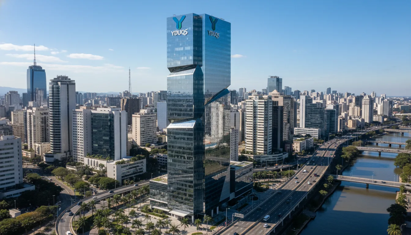 Vista aérea do edifício YDUQS em São Paulo, cercado por outros prédios e avenidas | Imagine Company - Agência de Marketing e Vendas em Goiânia - GO - BRASIL