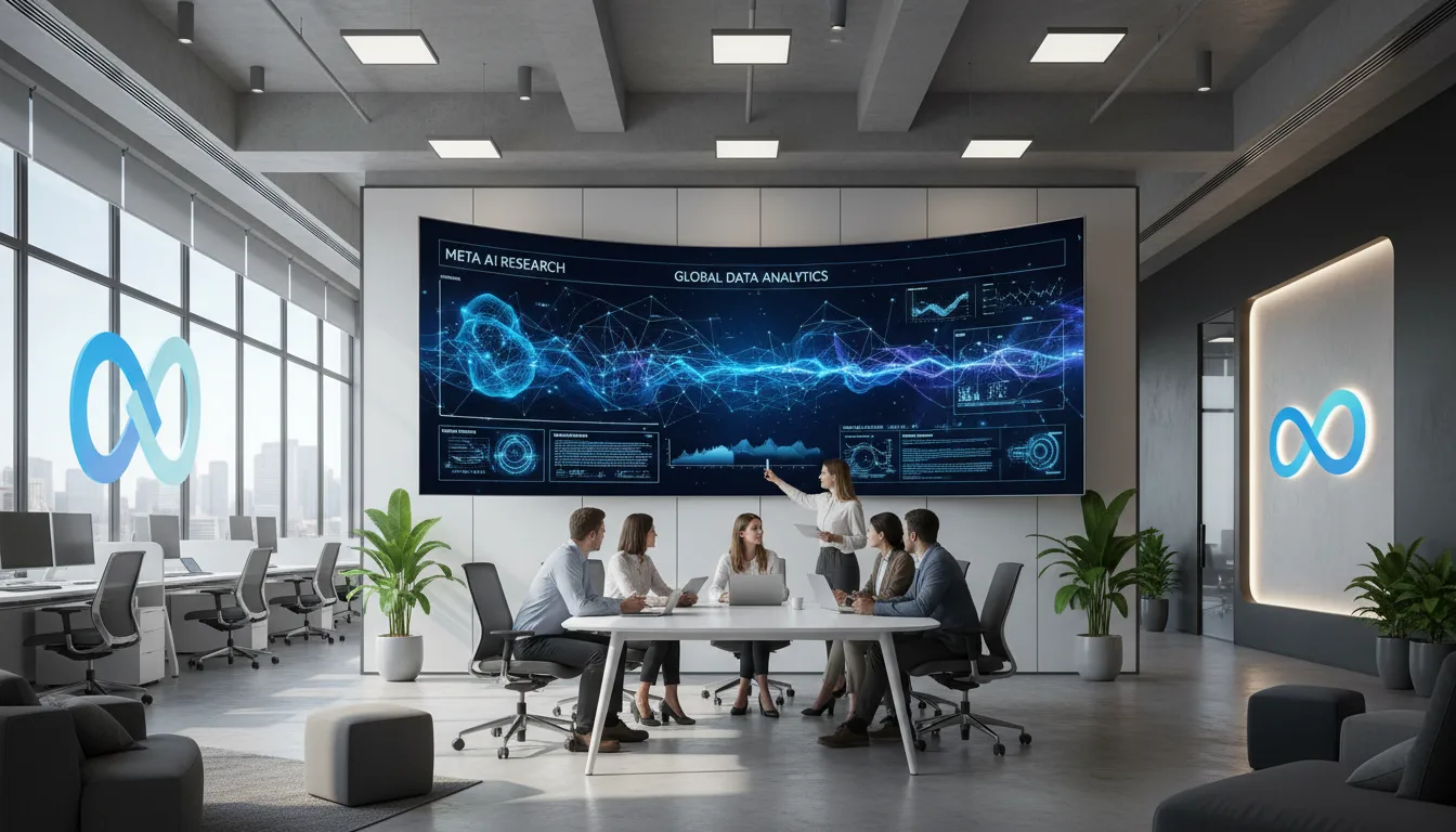 Reunião na Meta sobre IA com equipe em sala moderna e tela grande | Imagine Company - Agência de Marketing e Vendas em Goiânia - GO - BRASIL