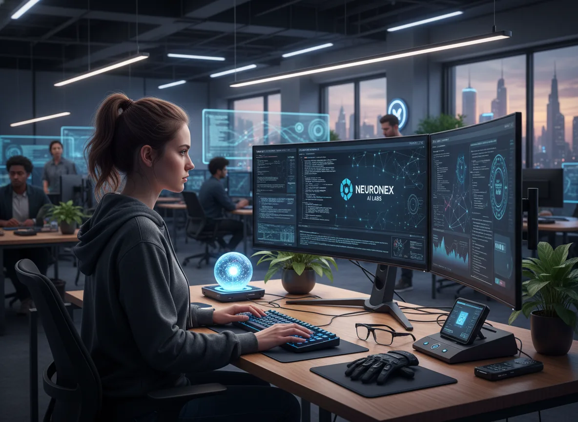 Mulher em escritório moderno usando computador com gráficos de IA. | Imagine Company - Agência de Marketing e Vendas em Goiânia - GO - BRASIL