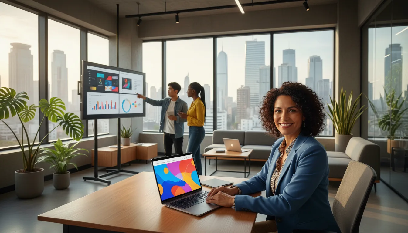 Profissionais em escritório moderno trabalhando na criação de sites com gráficos em tela | Imagine Company - Agência de Marketing e Vendas em Goiânia - GO - BRASIL