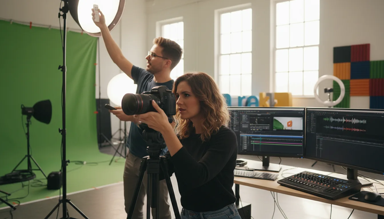 Equipe de vídeo maker trabalhando em estúdio com câmeras e iluminação | Imagine Company - Agência de Marketing e Vendas em Goiânia - GO - BRASIL