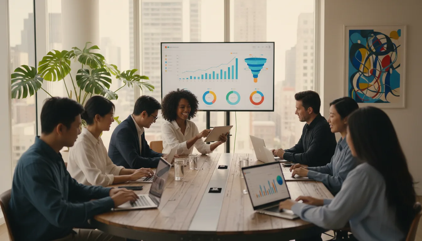 Pessoas em reunião de marketing digital com gráficos em tela | Imagine Company - Agência de Marketing e Vendas em Goiânia - GO - BRASIL