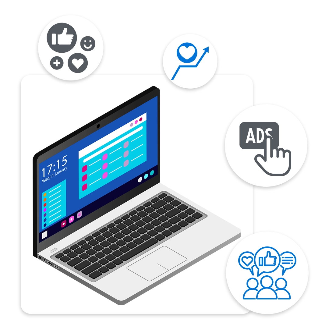 Ilustração de um laptop mostrando interface de mídia social com ícones de engajamento, crescimento e anúncios ao redor.