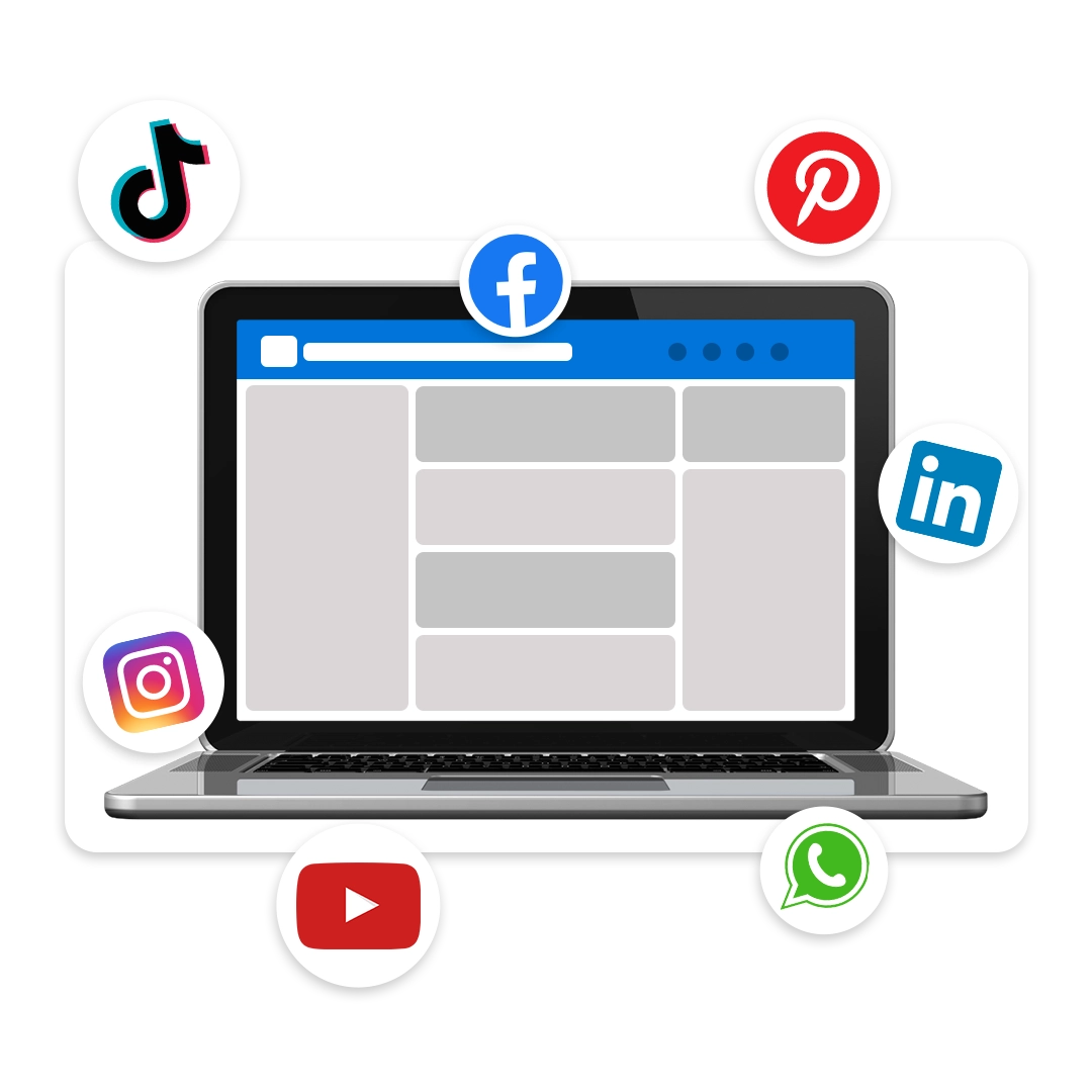 Laptop com interface de rede social cercado pelos ícones do Facebook, Instagram, YouTube, LinkedIn, TikTok, Pinterest e WhatsApp.