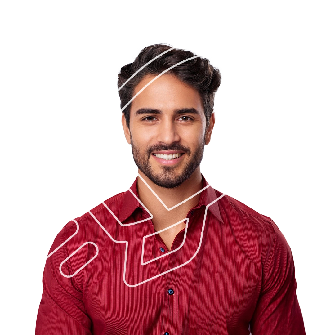 Imagem de um homem sorridente com um design gráfico de foguete e a palavra 'Impulse' ao lado, simbolizando crescimento e progresso.