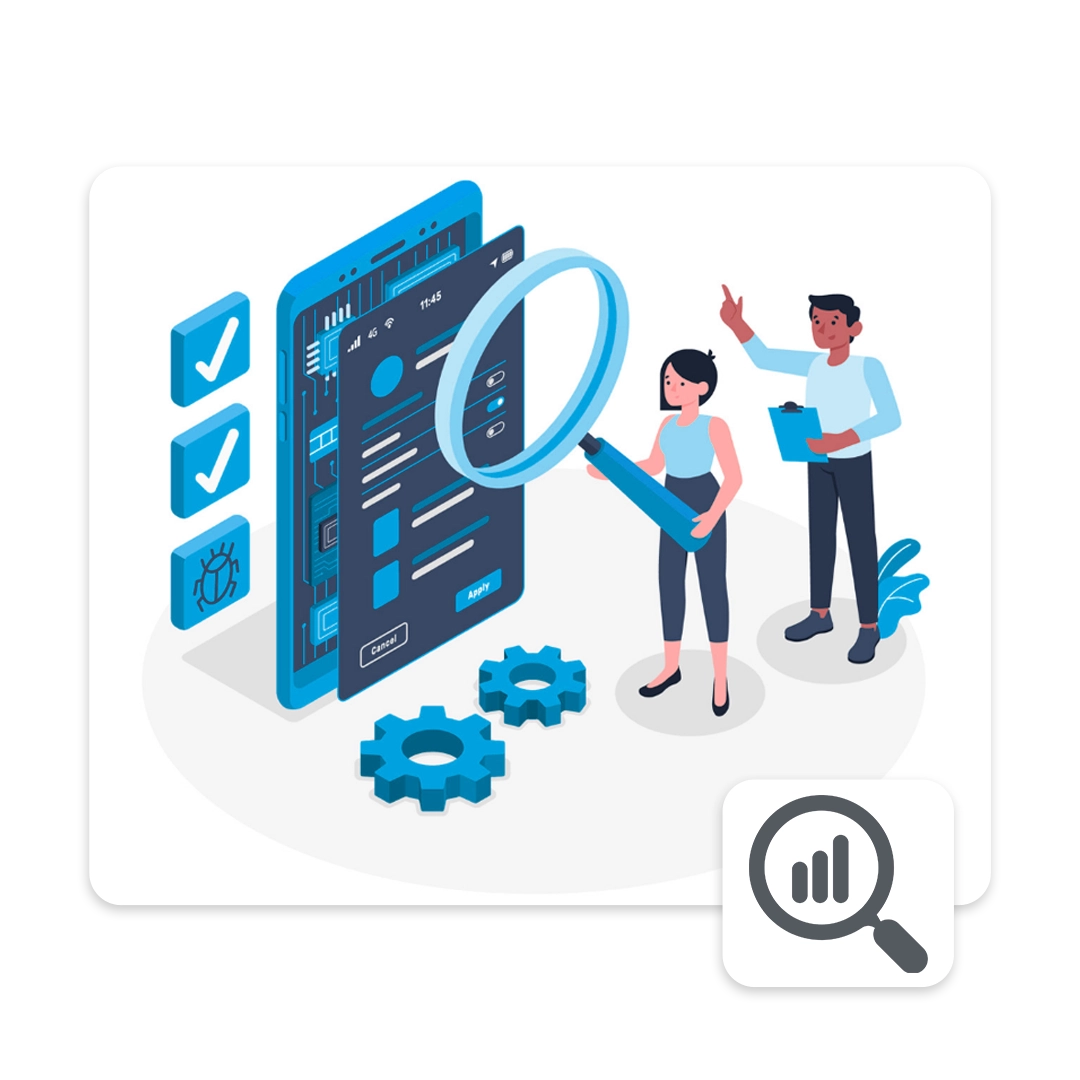 Duas pessoas analisando uma interface de aplicativo com engrenagens e ferramentas de verificação.