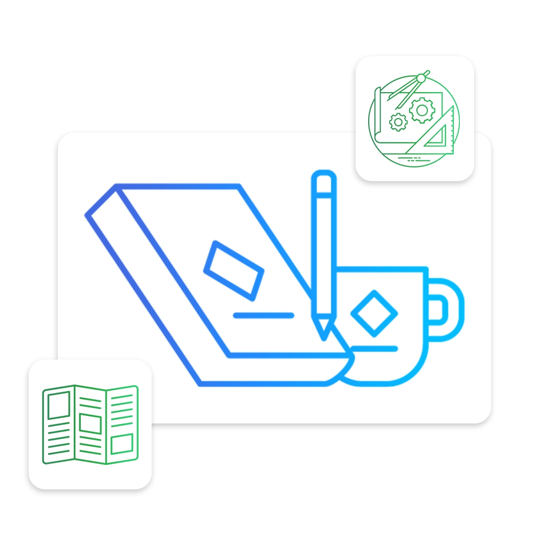Ilustração de itens de design como caderno, caneca e ícones que representam materiais gráficos e criativos.
