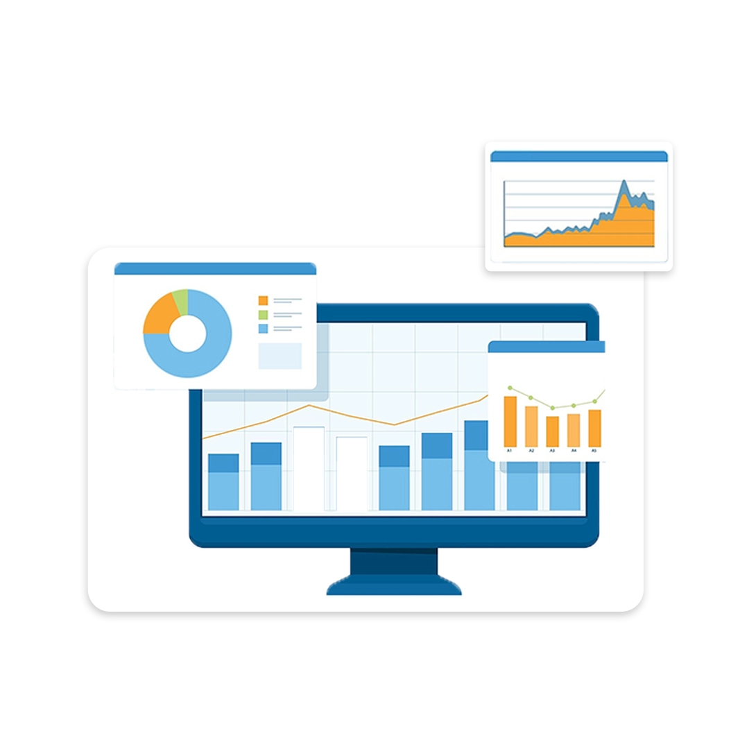 Tela de computador exibindo gráficos e dashboards de desempenho com diferentes tipos de visualizações de dados.