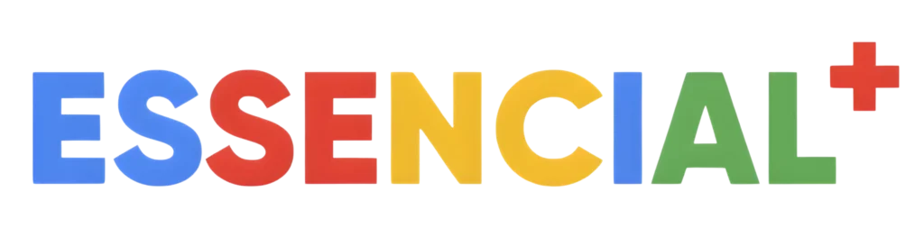 Logotipo da Essencial+, com as letras em cores azul, vermelho, amarelo e verde, e um símbolo de mais em vermelho.